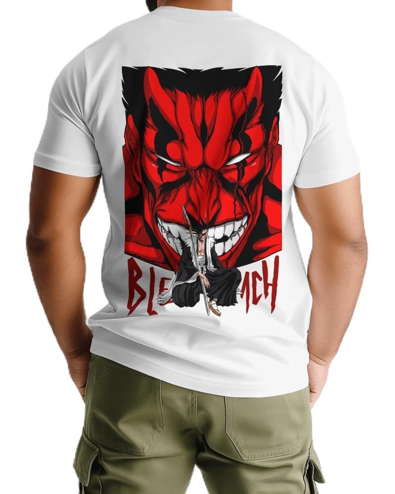 baefikrey Bleach Anime Inspired T-Shirt for Men, Red Demon Mask Graphic Print, Cotton Blend, Short Sleeve, Casual Streetwear-picture-14