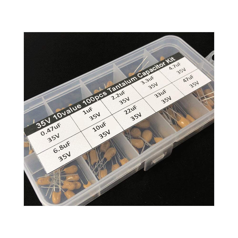 Accesorios electrónicos 10 valores 100 piezas 35 V 0,47 uF 1 uF 2,2 uF 3,3 uF 4,7 uF 6,8 uF 10 uF 22 uF 33 uF 47 uF condensador de tantalio kit surtido con caja de almacenamiento Dispositivos electrón