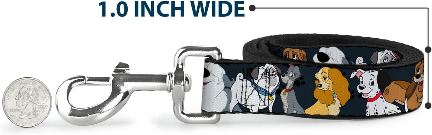 Dog Leash Disney Dogs Group Collage Paws Gray Black 6 Feet Long 1.0 Inch Wide