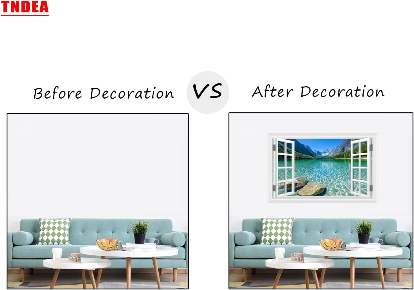 Fake Window Wall Decals - Summer Mountain Lake Scene Faux Window Wall Art Poster Picture Sticker for Home Office Landscape Decor, Peel and Stick Natural Scenery Mural,48"x32",Set of 2 Sheets