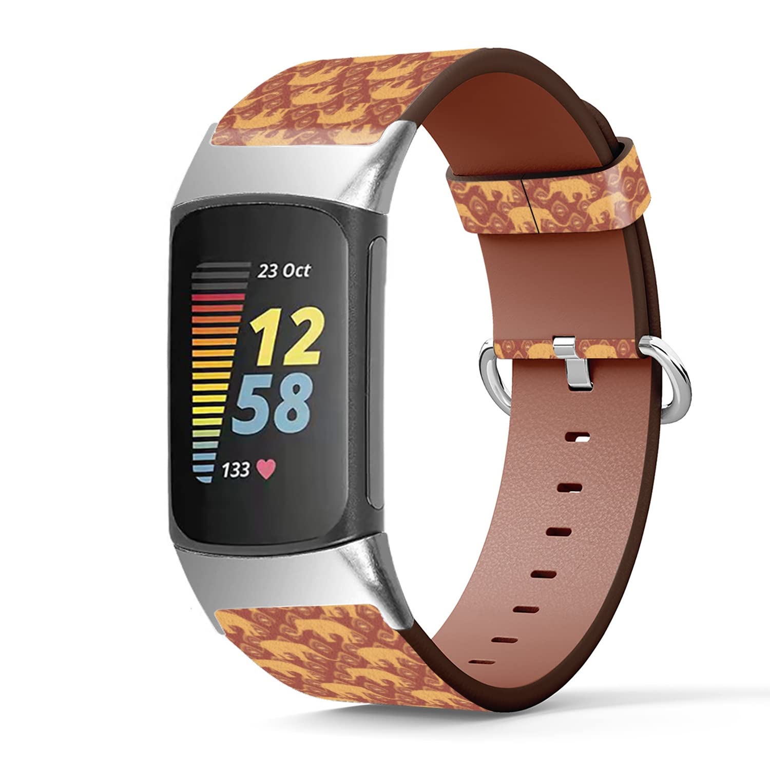 Compatible with Fitbit Charge 5, Patterned Leather Replacement Band (Tribal Elephant Pattern)