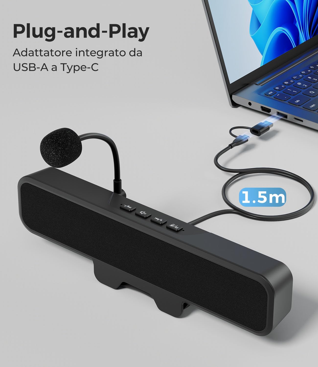USB Altoparlanti per Computer con Microfono Staccabile, Altoparlante da Scrivania Plug and Play con Clip per Monitor, Suono Stereo & Bassi, Ideali per PC, PS5, Switch 2 e Laptop