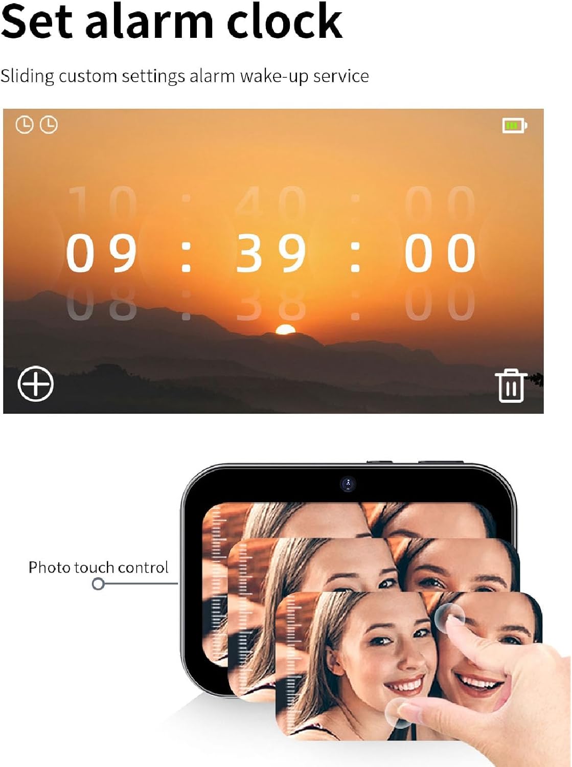 Jectse camera screen showing the alarm clock settings interface and photo touch control feature.