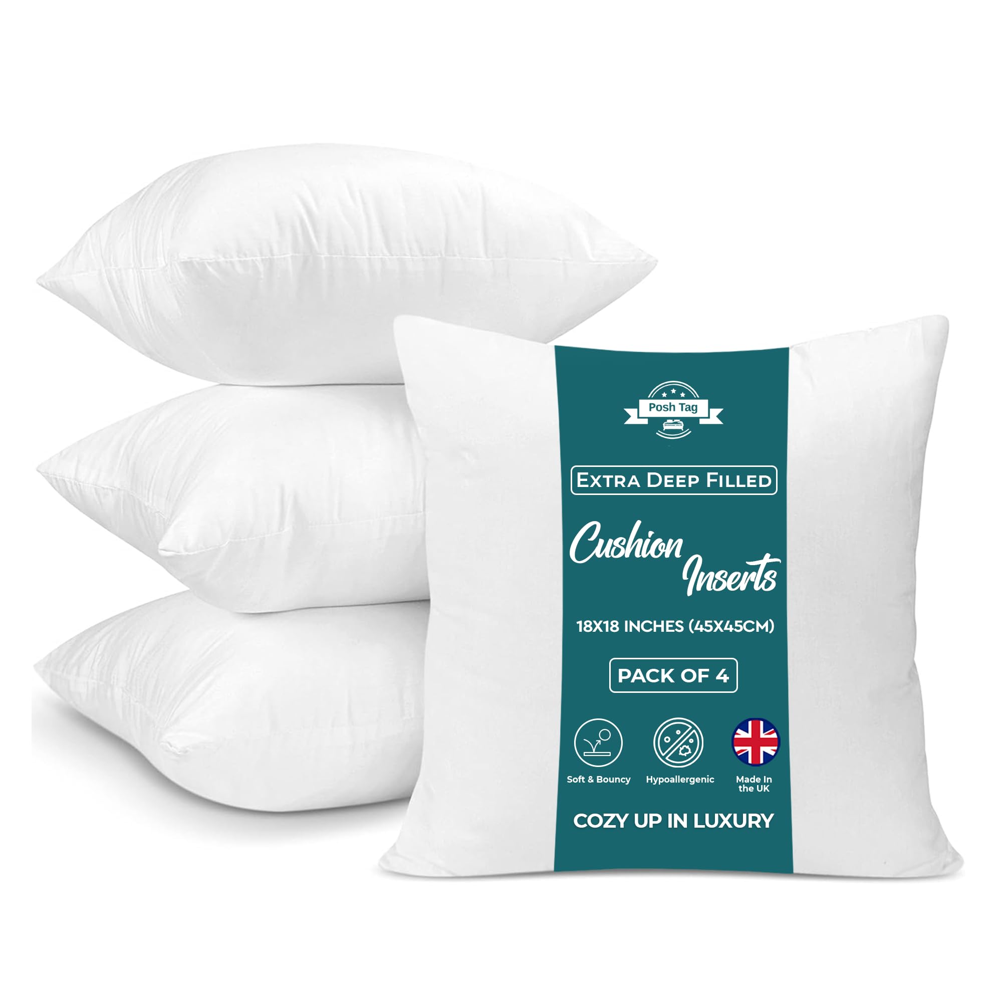 Cushion Inserts 18 x 18 In Pack of 4 Extra Deep Filled Cushions Fillers Sofa Cushions 45 cm x 45 cm