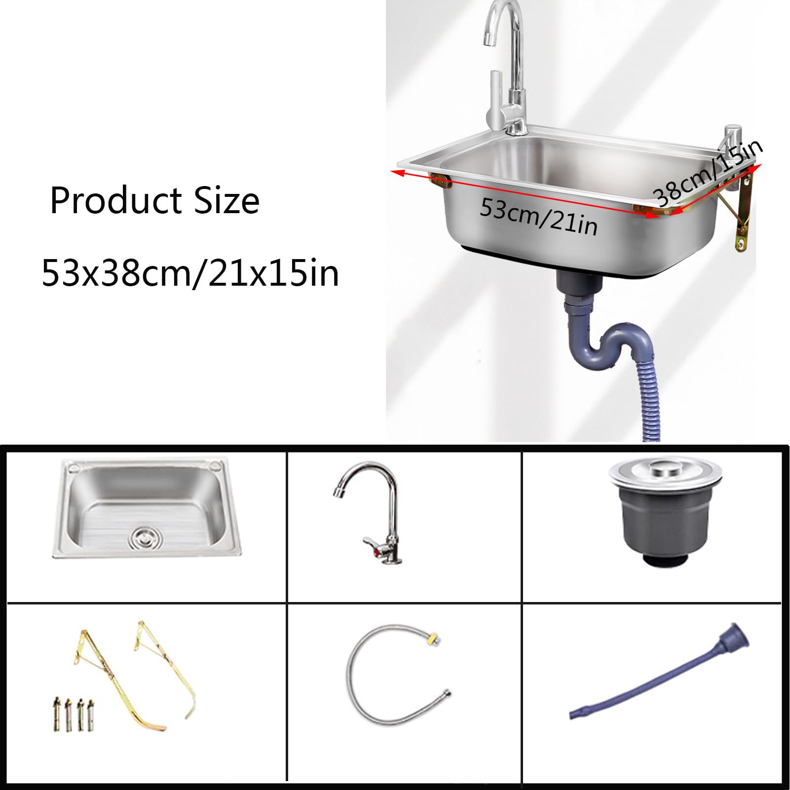 Lavello a Parete Piccolo Lavabo in Acciaio inossidabile lavello,Portatile Bagno Lavandino Vasca Singola Lavabo,Lavabo di Utilità Con Rubinetto,Per Garage,Bar (53x38cm)