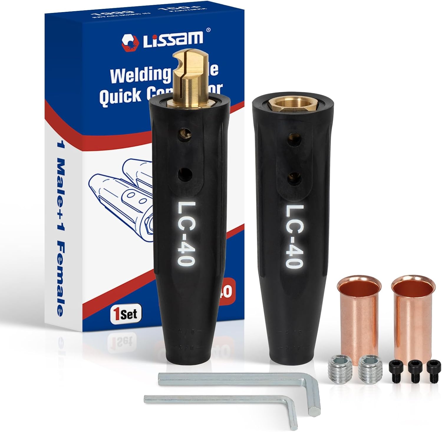 LISSAM LC-40 Welding Cable Quick Connector 2 Pairs, 350 Amp, 2 Male + 2 Female Lead Connectors, Fits 1/0–2/0 AWG (50–70 mm²) Welding Cables
