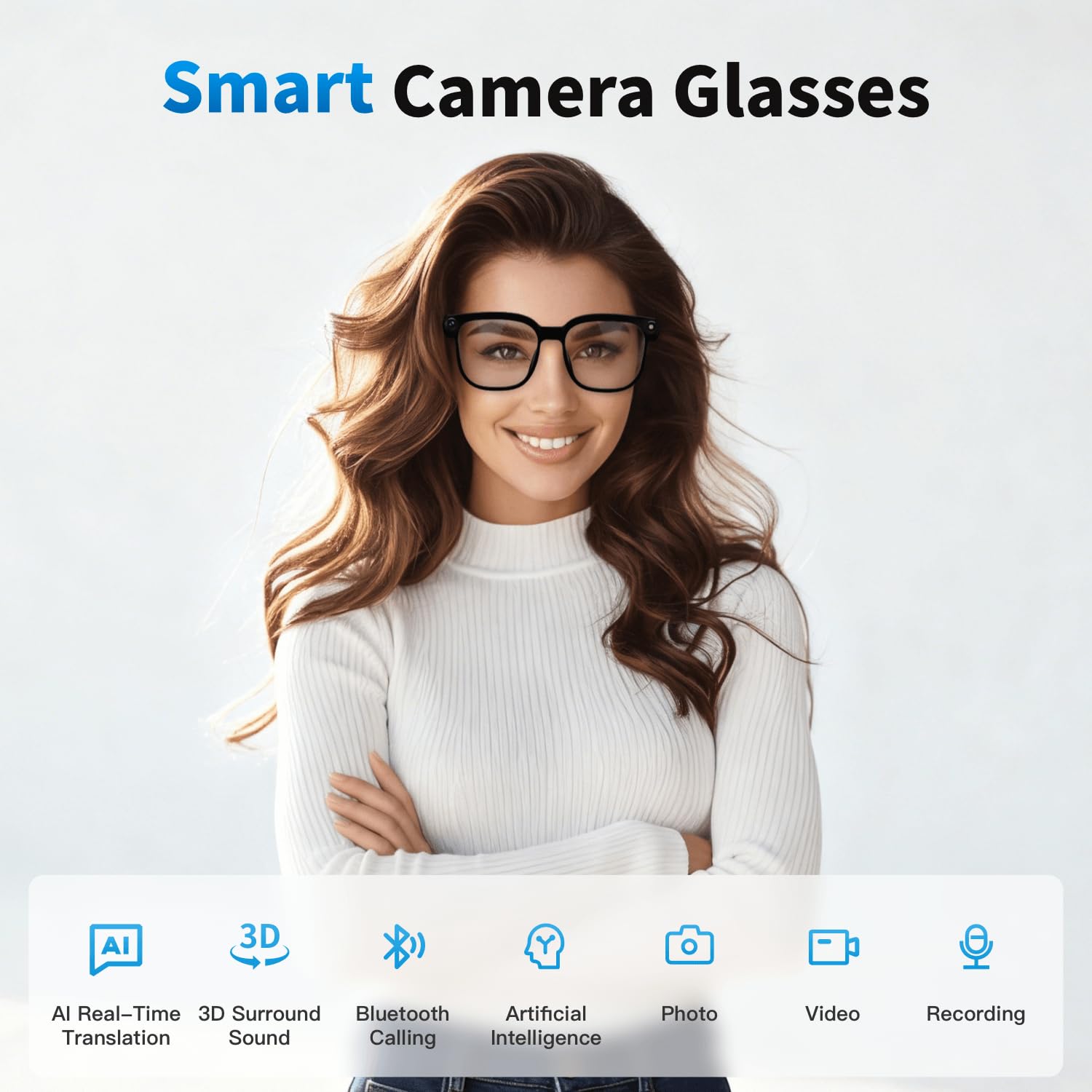 Tosuny AI Smart Glasses, 2MP Camera Anti Shake 1080P Video-opname Meertalige Vertaling, met Zwart Frame Blauwe Lenzen, voor Internationale Reizen Zakelijke Bijeenkomsten Tosuny AI Smart Glasses, 2MP Camera Anti Shake 1080P Video-opname Meertalige Vertaling, met Zwart Frame Blauwe Lenzen, voor Internationale Reizen Zakelijke Bijeenkomsten