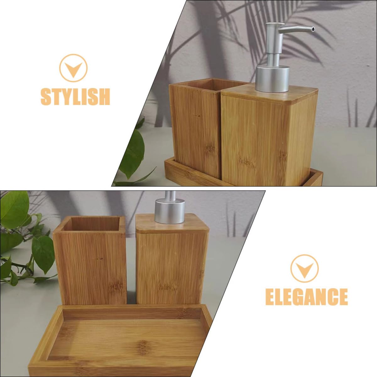 Uonlytech Set Accessori Bagno in Bambù Dispenser di Sapone Ricaricabile e Bicchiere Porta Spazzolino per Uso Domestico in Bagno Elegante e Funzionale