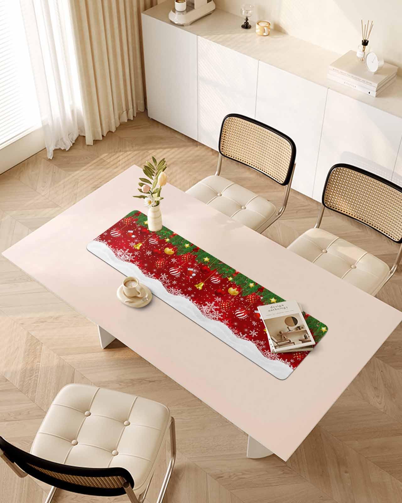 Debedcor Heat Proof Table Pads Waterproof Decorative, Christmas Ball Non-Slip Table Countertop Protector, Winter Xmas Snowflake Pine Twig Insulation Mat for Kitchen Room, 40 x 12 Inches