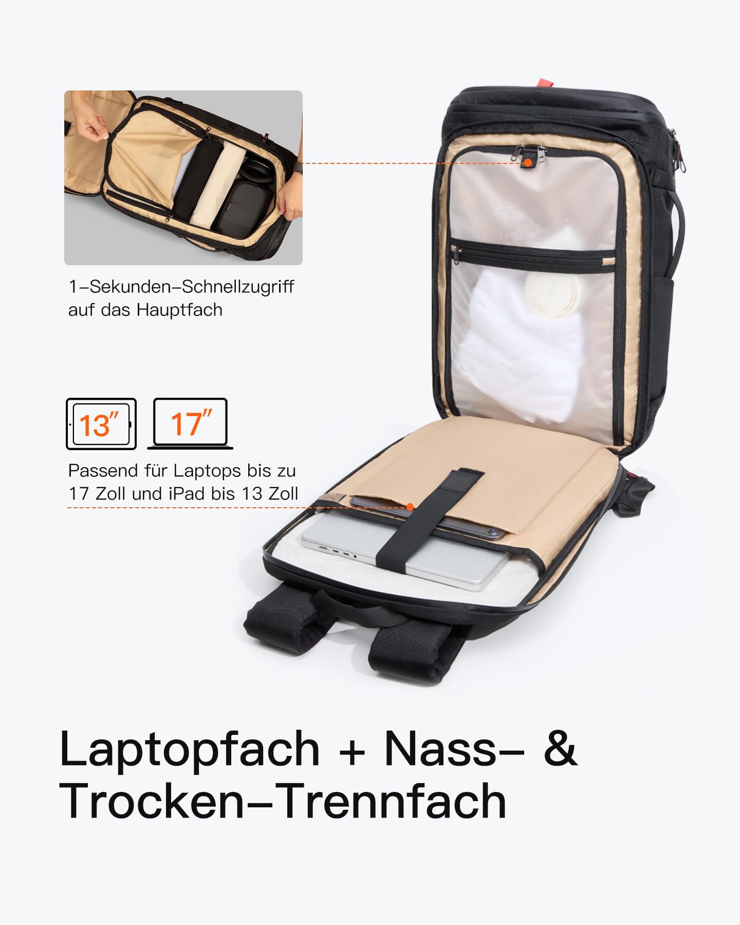 Inateck Reiserucksack Rucksack 40L, TSA Freundlich Groß Spritzwassergeschützt Handgepäck Flugzeug Travel Carry on Backpack für 17 Zoll Laptop, für Business, Reise Weekender Trip