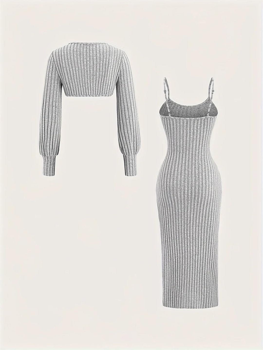 Women's Ribbed Knit Two Piece Crop Top Spaghetti Strap Midi Dress
