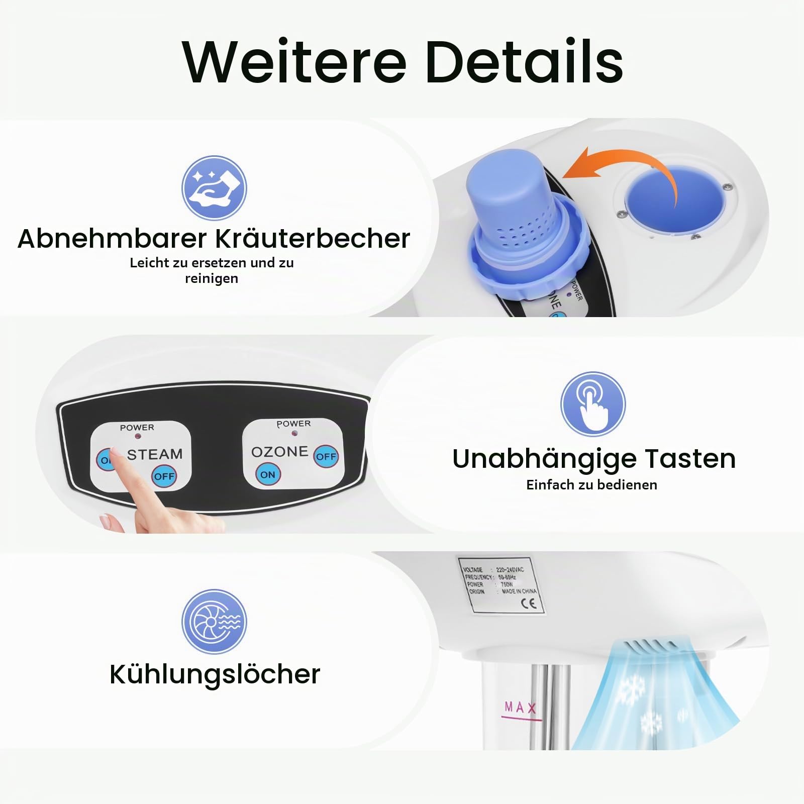Gesichtsdampfer 750W mit Ozon & Kräutertasse Professioneller Kosmetik Dampfgerät 360° Düse 860ml für Salon und Zuhause