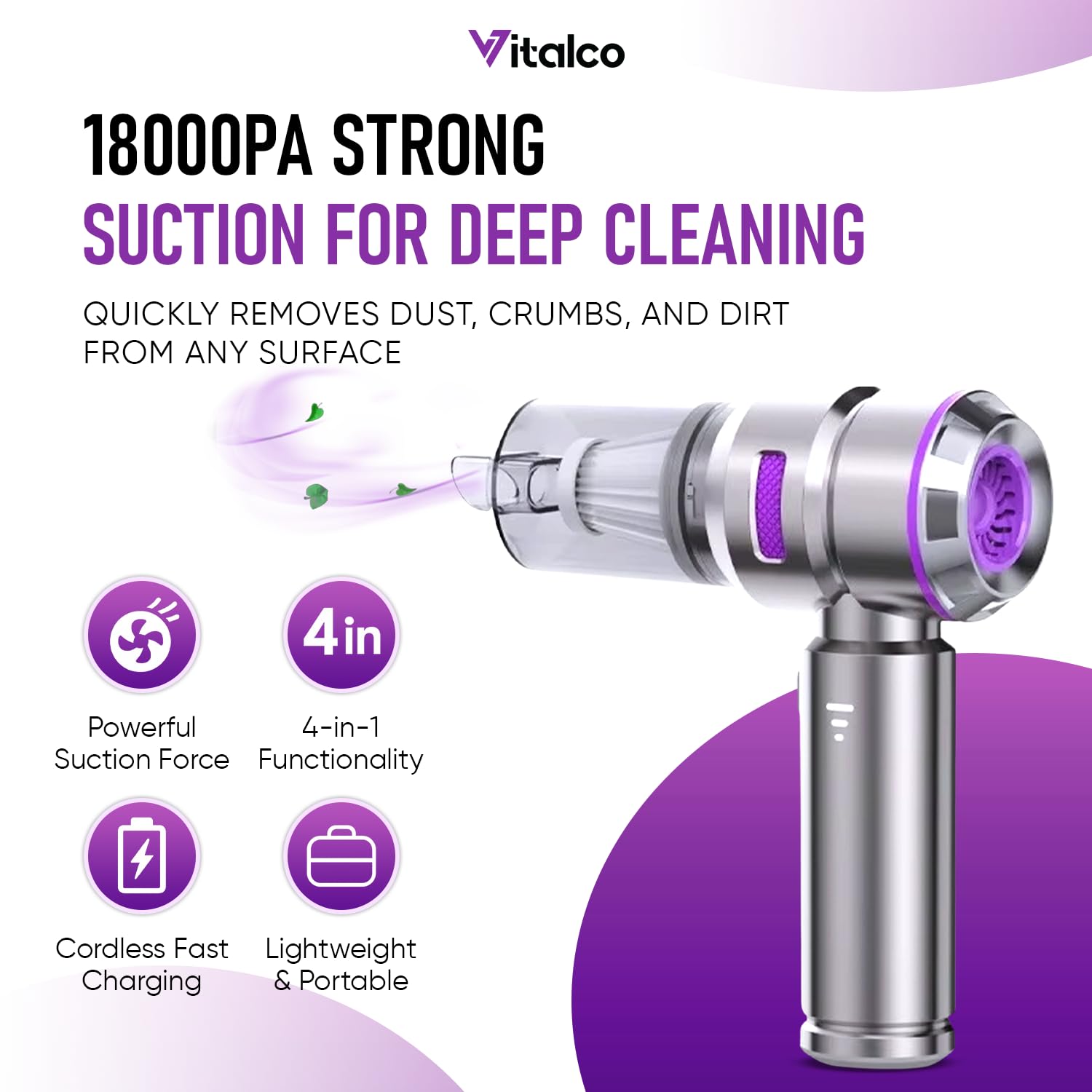 Vitalco Car Vacuum Portable Cordless, Car Vacuum Cleaner High Power 18000PA, Dust Busters Cordless Rechargeable 6000mAh Battery with Multi Nozzles for Home, Office, Camping