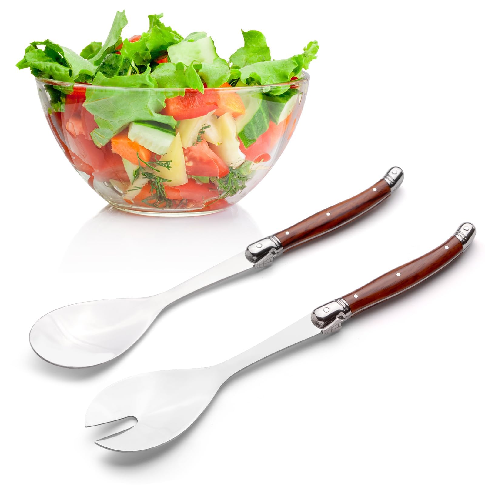 TERRIFI Salad Servers Set, 10" Spoon and Fork Utensils for Serving Salad, Stainless Steel Salad Spoon and Salad Fork, Durable Kitchen Salad Tongs, Ideal for Home and Parties (Brown)