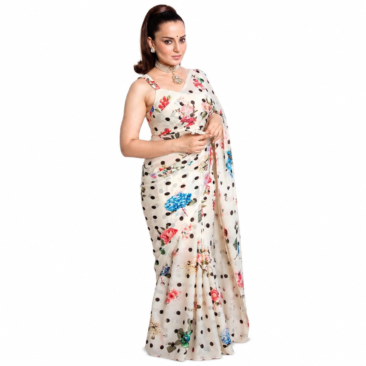 Japan Satin Saree for Women with Black Polka Dot and Floral Digital Print, Soft Designer Casual Party, Satin Saree with Matching Unstitched Blouse Piece for Office and Daily Wear-image-5