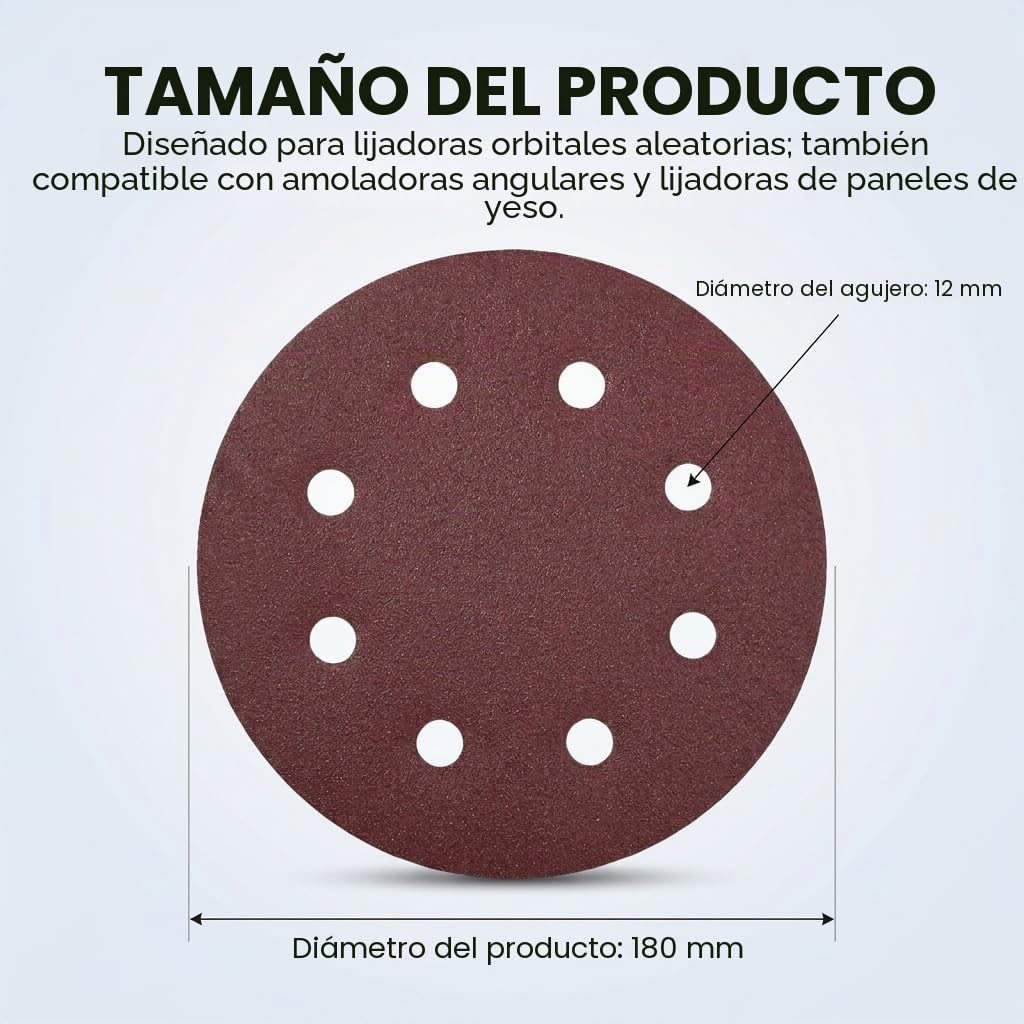 Discos de lija de 180 mm, grano 40, 30 unidades, papel de lija de 180 mm para lijadora de cuello largo, lijadora de paneles de yeso (8 agujeros)