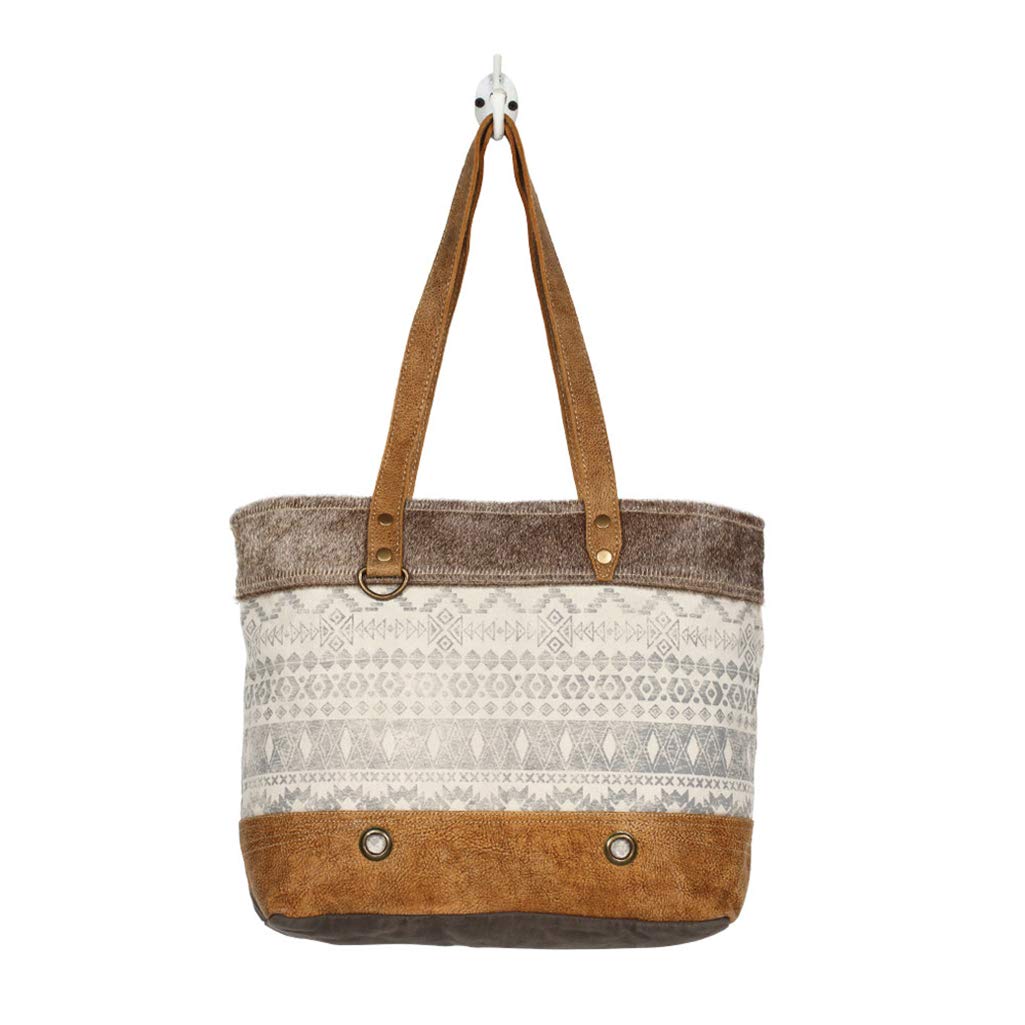 Myra Bag Oromos Upcycled Canvas & Cowhide Leather Tote Bag S-1268, Brown, One_Size
