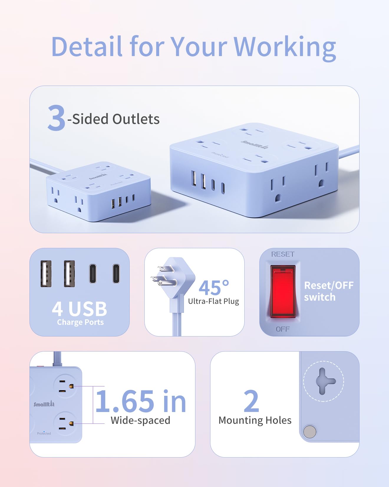 SMALLRT Elektrische Mehrfachkontakt-Steckdose, flach, mit Überspannungsschutz, 8 AC-Steckdosen, 4 USB-Ladegeräte (1 USB-C-Port), ultradünn, flache Steckdose (Blau, 1,98 m)