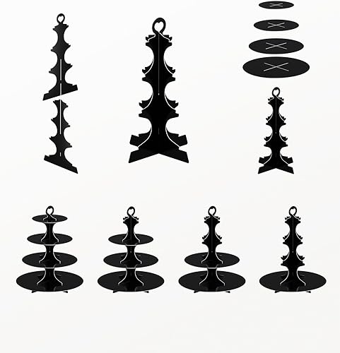 Miniatura 7 de Paquete de 2 soportes para cupcakes, soporte negro de 4 niveles para cupcakes, soporte de cartón para cupcakes para fiestas, soporte escalonado para