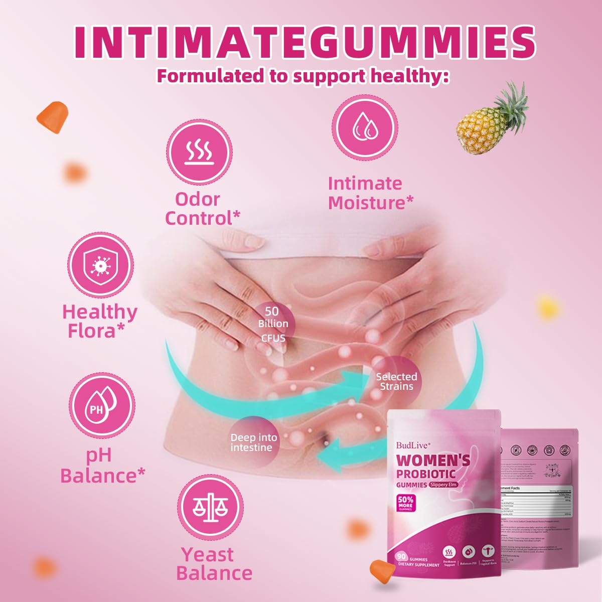 Vaginal Probiotics Gummies for Women, pH Balance for Women, Feminine Probiotics Gummy for Vaginal Health, Odor Control, Gut Health, Immune Support, Pineapple Probiotic Gummies for Woman, 90 Count