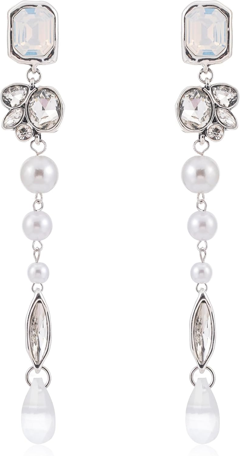 Elegant Pearl Drop Earrings, Silver Tone Crystal Resin and White Pearl Dangle,Vintage Jewelry Gift for Women