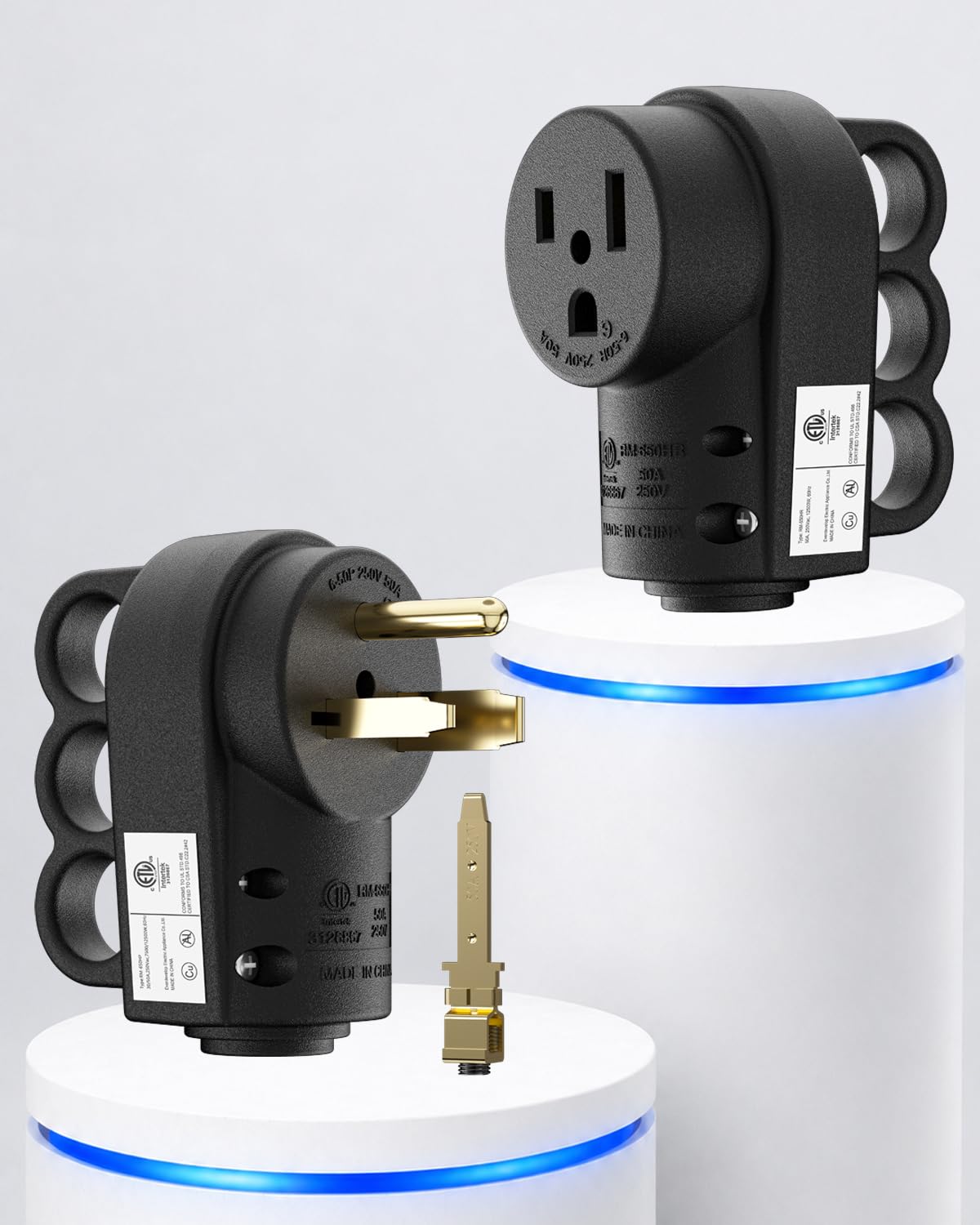 1 Set NEMA 6-50 Plug & Connector Set, 50 Amp 3-Prong 250V Male 6-50P/6-30P Plug & 6-50R Female Receptacle for Welders, Garage, Workshop, EV, Extension Cord End Replacement, Black, ETL Listed