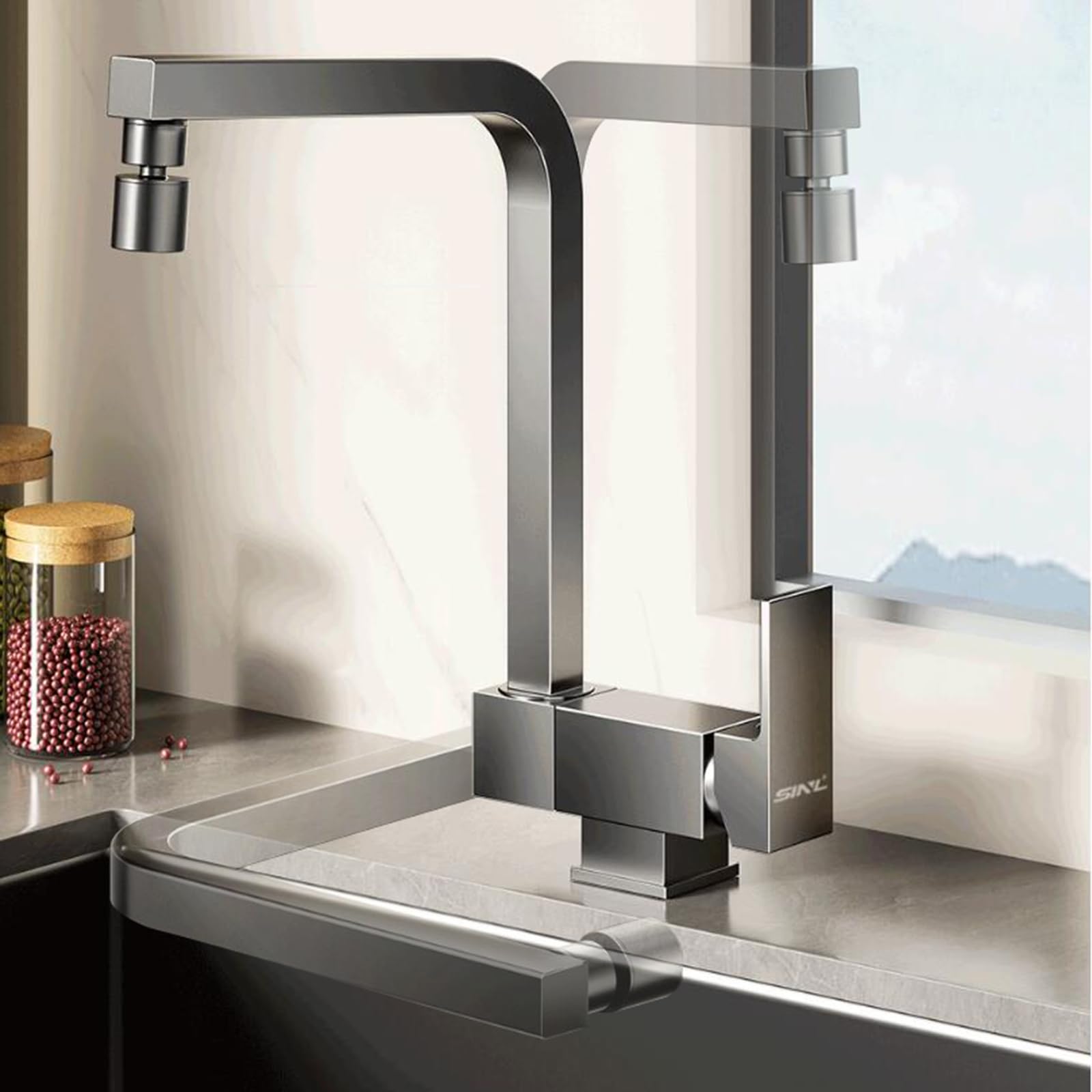 XJTNLB Grifo Cocina Plegable Bajo Ventana Cepillado Grifo Monomando de Cocina Plegable Grifo Cocina Abatible Mezclador Agua Fria Caliente-Modo Dual
