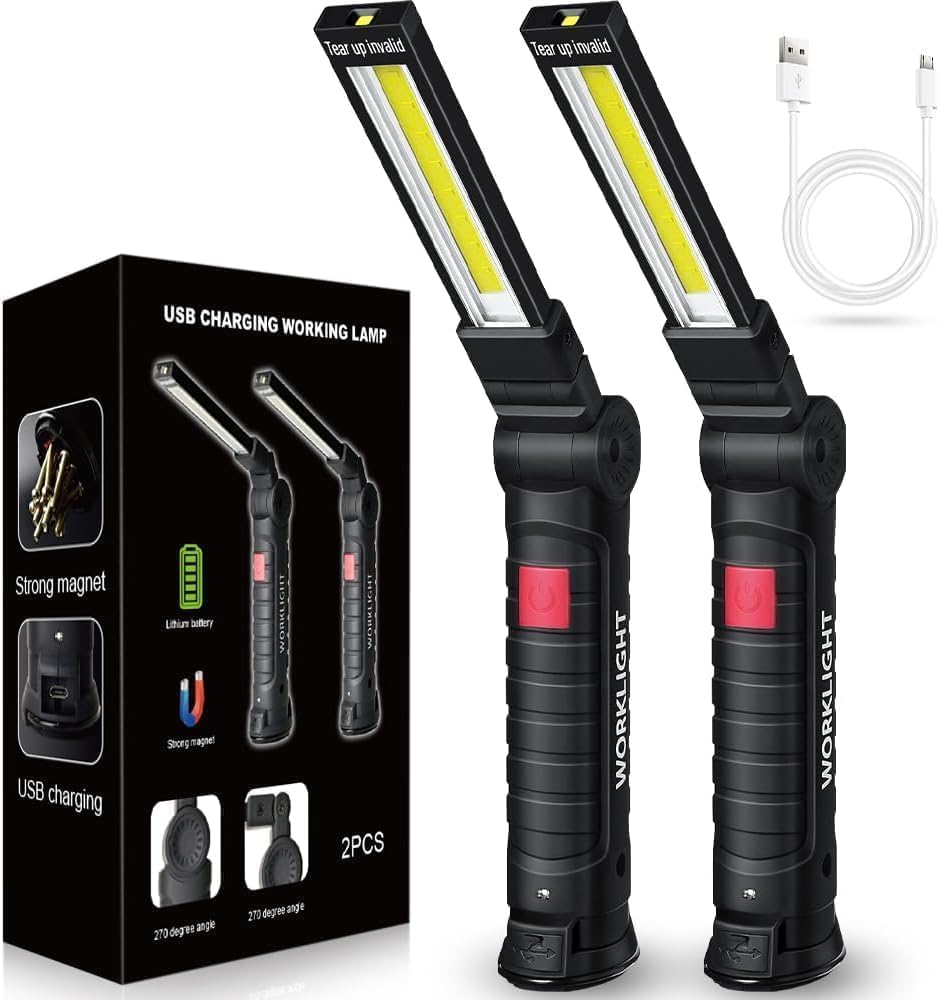 Rechargeable LED Work Light Flashlight, 2 Pack Magnetic Inspection Lamp with 360° Rotating Head, 5 Lighting Modes, USB-C Charging, Portable Mechanic Torch for Car Repair, Camping & Emergency Use-image-33