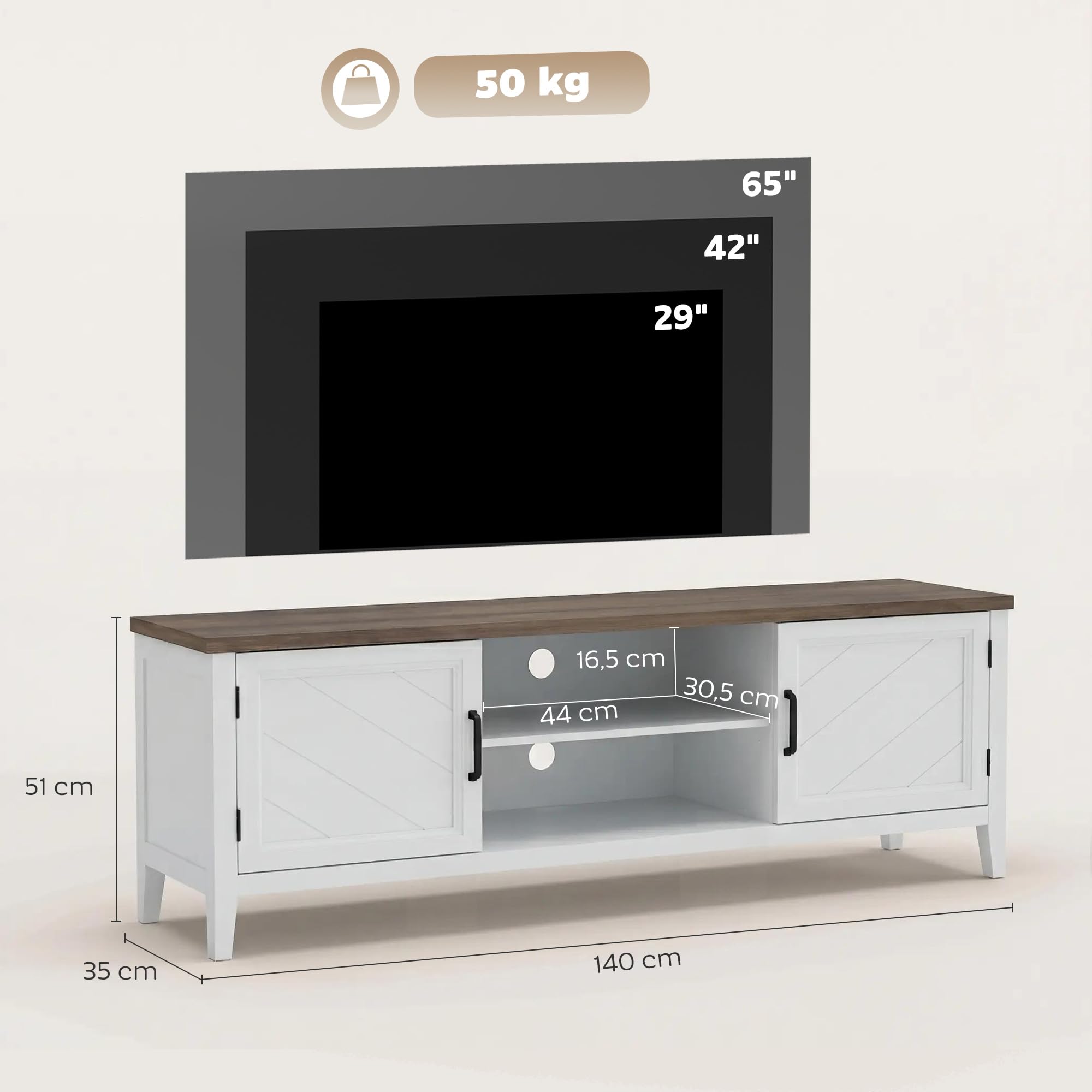 HOMCOM Mobile TV da 140 cm, Mobile TV per TV fino a 42 pollici con 2 ante 2 scomparti aperti, stile rustico, Panca TV per soggiorno, camera da letto, bianco e marrone