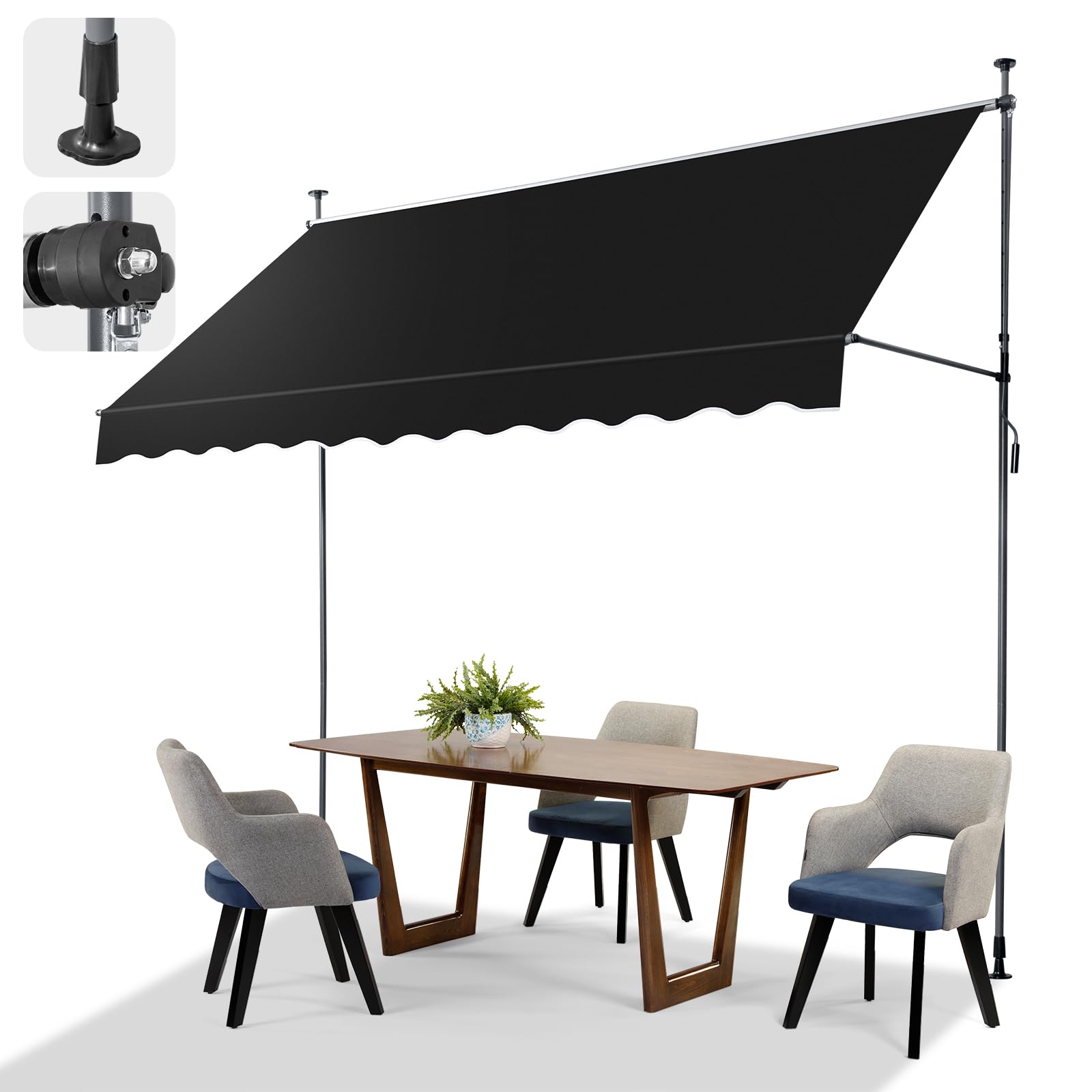 Bonnlo Awnings for Patios with Support Pole, Manual Retractable Sun Shade with Hand Crank, Height-Adjustable Telescopic Canopy, 3x1.2m, Black