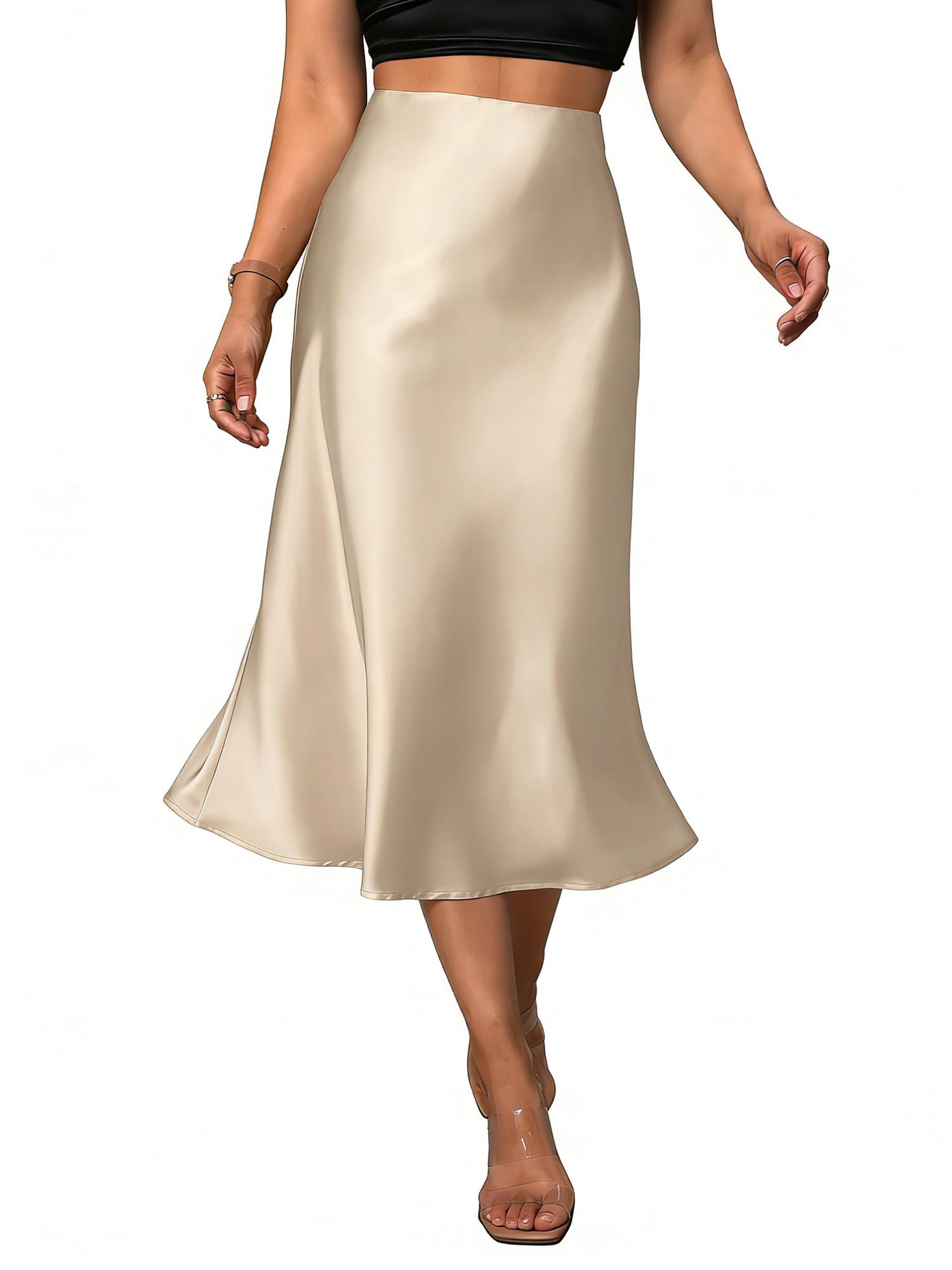 Womens Satin Midi Skirt Elegant Fishtail Silk A Line Casual Skirts for Party Wedding