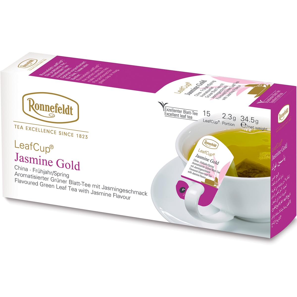 LeafCup Jasmine Gold – Loose Leaf Green Tea with Jasmine Flowers – 15 Individually Wrapped Tea Bags