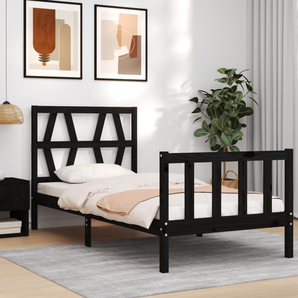 lite drewno sosnowe z wezgłowiem i zanóżkiem 75x190 cm czarny | Rama łóżka z wezgłowiem i zanóżkiem, czarna, lite drewno sosnowe, 195,5x80,5x100 cm, listwy ze sklejki, do sypialni, bez