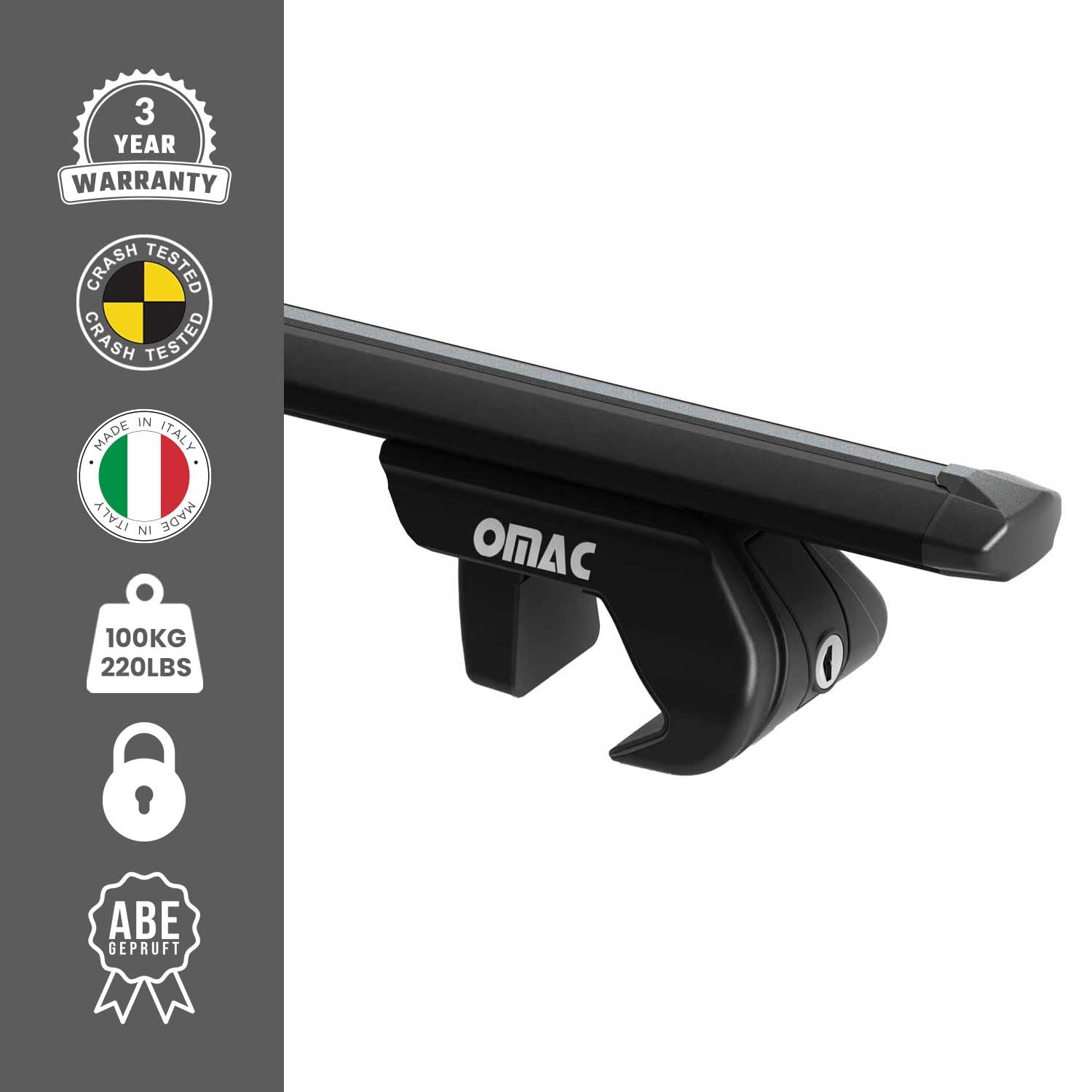 OMAC Barre Portatutto Alluminio TÜV geprüft per Nissan X-Trail III T32 2013-2021 – per Rail Tetto Standard – T Nut – Max 90 kg – 2 Schlösser Nero