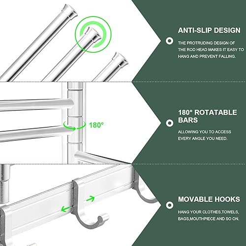 Miniatura 3 de AUROPEAK Estante de secado de ropa para lavandería plegable para interiores estante de secado montado en la pared toallero giratorio con ganchos y