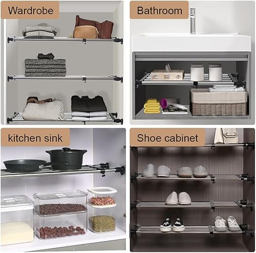 Miniatura 5 de Hershii Estante de tensión extensible para armario, estante de almacenamiento de metal ajustable, organizador de gabinete, separador de estantes