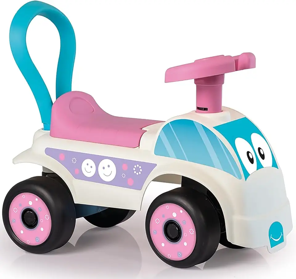 DOLU: Walk &amp; Drive Foot to Floor Car - White &amp; Pink - Ride-On Toy Vehicle, Horn, Storage Seat, Push-Pull Handle, Indoor-Outdoor Play, Toddlers 12mo+