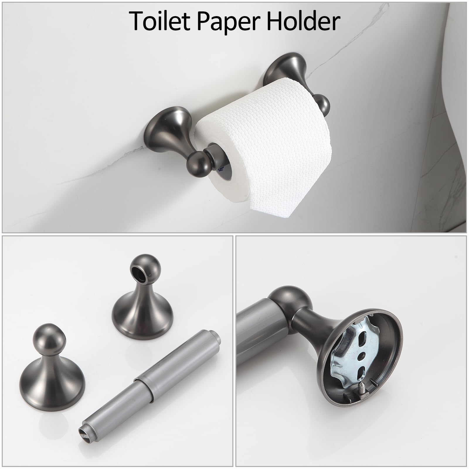BGL Badezimmer-Zubehör-Set, galvanisiert, Wandmontage, verstellbare Handtuchstange, Bademantelhaken, Toilettenpapierhalter, Handtuchring, 4-teilig, glänzendes Grau