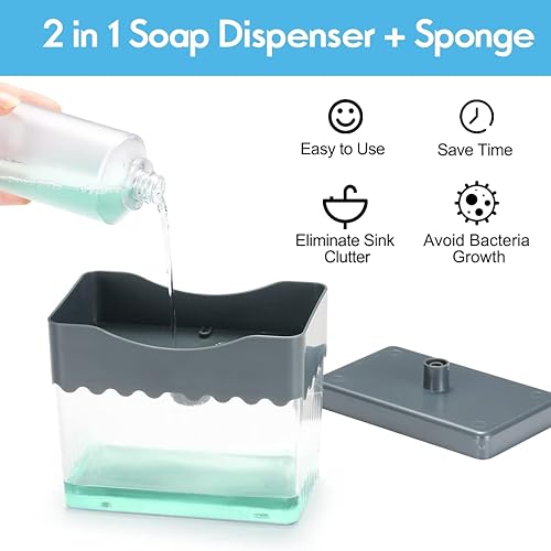 Miniatura 6 de AmazeFan Dispensador de bomba de jabón y soporte para esponja, 2 en 1, bomba de jabón de una mano y organizador de esponja, duradero y fácil de