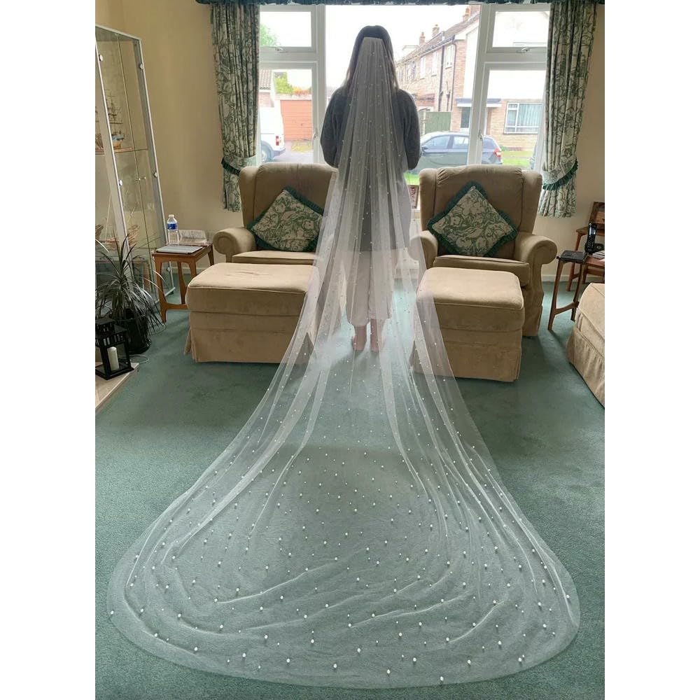 Perle Bianco Avorio Velo da Sposa Lungo con Pettine 1 Strato Velo da Sposa cattedrale con Perle Perline di Cristallo 75-300 cm