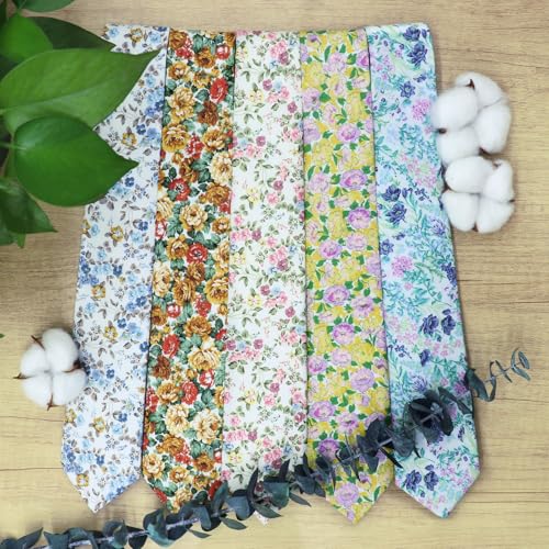 Image of Cotton Floral Ties for Men 2.76 inch Men's Skinny Tie Linen Flower Printed Neck Tie for Wedding Dating Party