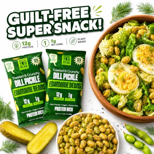 Image of Where You Bean Edamame Beans Snack (Dill Pickle) - Crunchy and Dry Roasted Edamame Beans - High Protein Snacks, Keto and Vegan Healthy Snacks for Adults & Low Carb Snack 0.9 oz (Pack of 8)