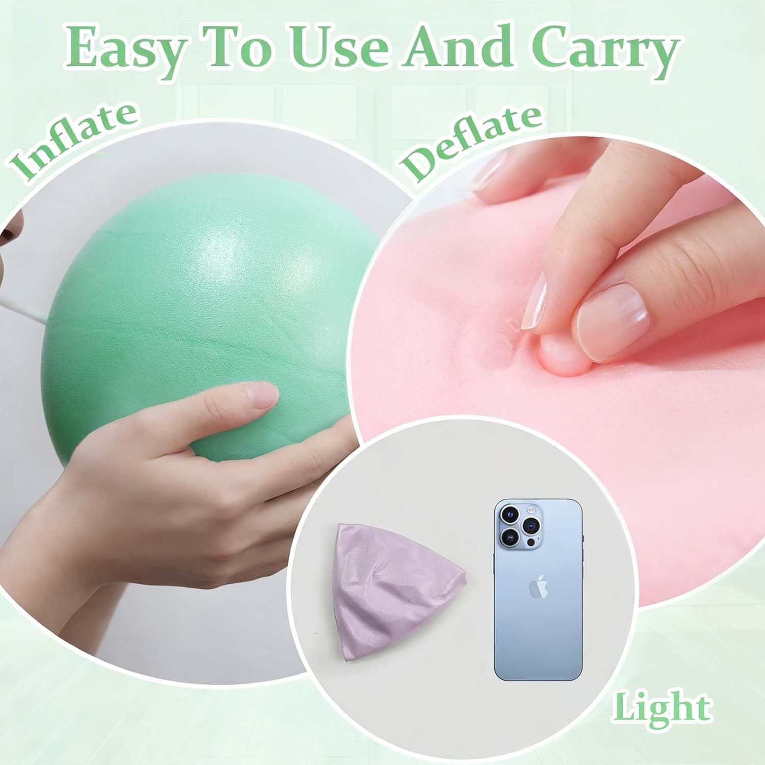 Lot de 3 balles de Pilates 25 cm antidérapantes rose violet vert avec tube de soufflage pour yoga et gym
