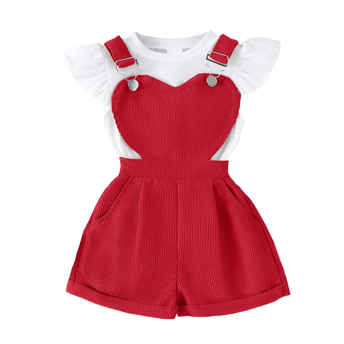 Conjunto Bebé Niña Peto de Verano, Manga Corta Top Acanalado Con Volantes + Ajustable Estampado Floral/Corazones Peto Corto Primavera Conjuntos — view 7