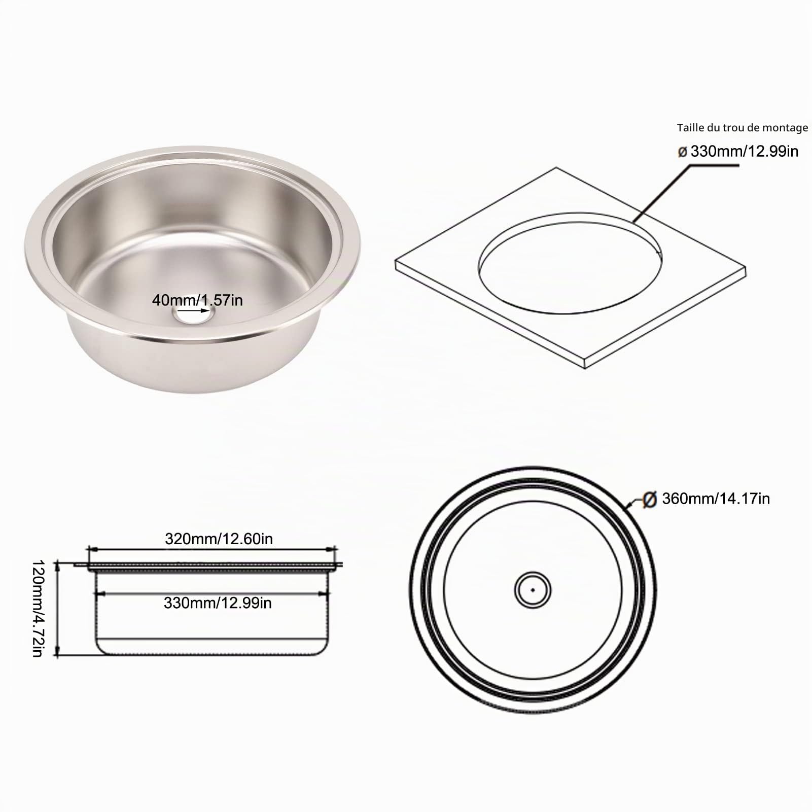 Lavabo évier en acier inoxydable 304 avec lavabo rond en bois massif pour yacht RV Φ360 * 120mm (GR 531D) (surpoids) (surdimensionné) ,Série VR , Pièces détachées pour camping car