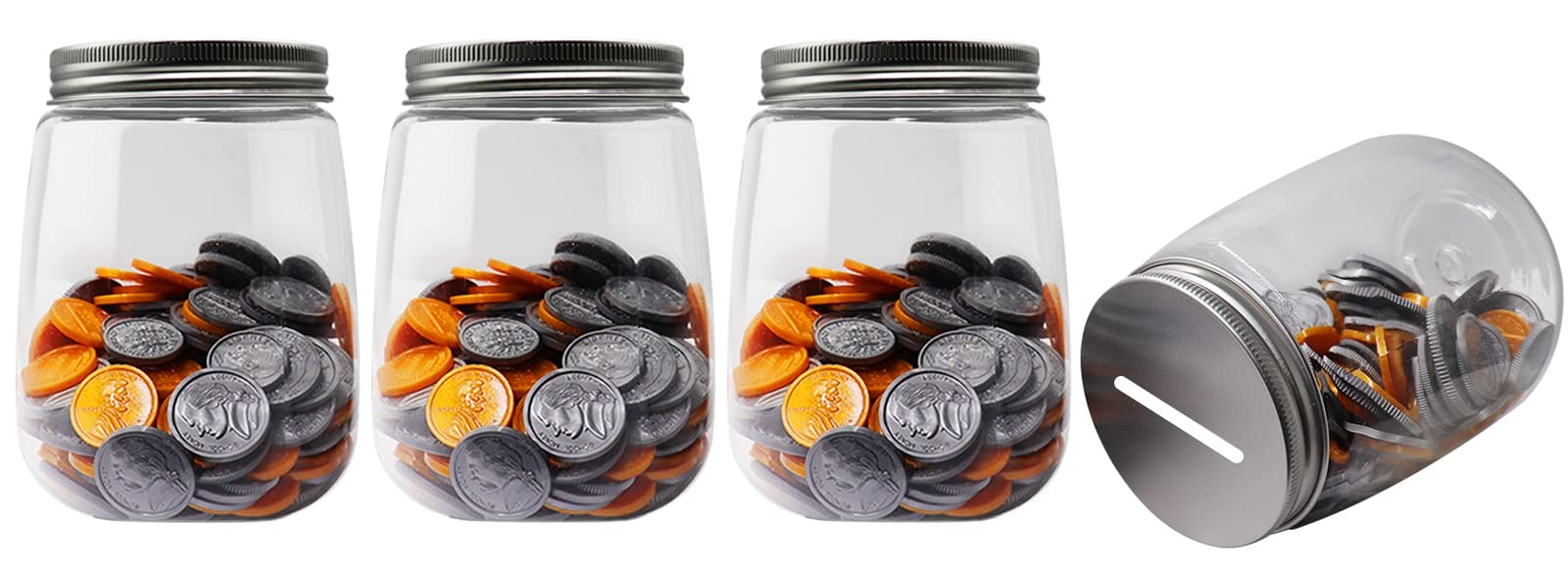 Tarros pequeños de plástico transparente para monedas, paquete de 4, 16 onzas con tapas ranuradas plateadas, alcancías transparentes para adultos, adolescentes y niños 7