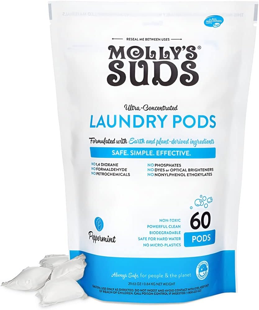 Molly's Suds Laundry Detergent Pods | Natural Detergent for Sensitive Skin | Ultra Concentrated and Stain Fighting | Peppermint - 60 Count