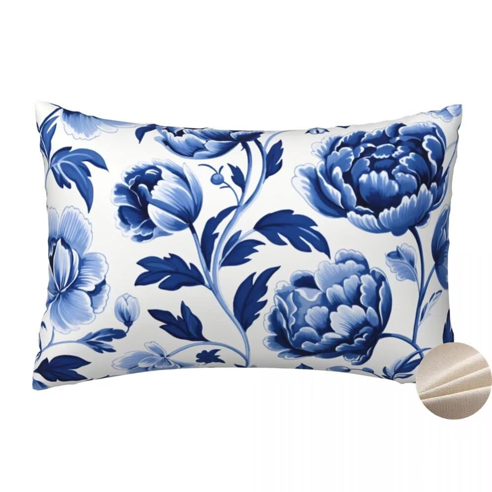 Kissenbezug 50x80 cm 2 Stück Leinen Kissenbezüge Blau Dekokissen Sofakissen Pfingstrose Zierkissenbezüge, Outdoor Kissenhülle mit Verstecktem Reißverschluss für Schlafzimmer, Sofa, Stuhl, Bett -YM200