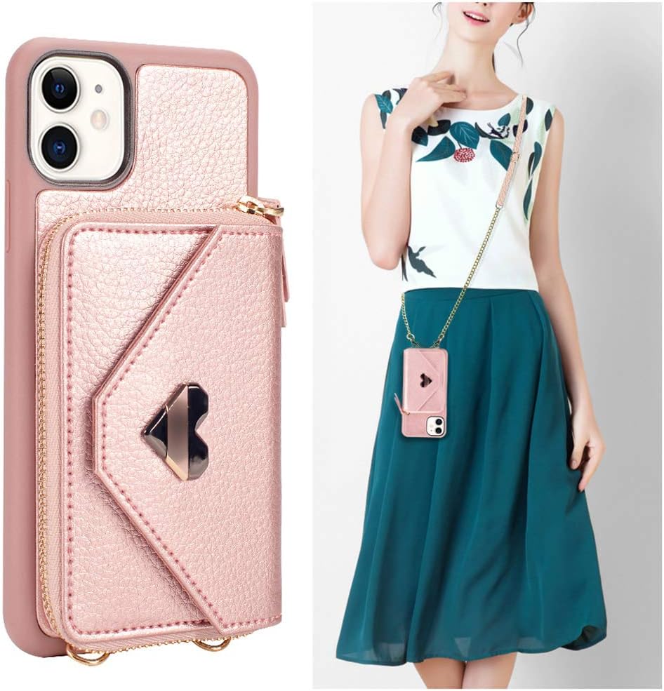 Compatible with iPhone 12 and iPhone 12 Pro, JLFCH iPhone 12 Pro Crossbody Case with Zipper Card Holder Wrist Strap Lanyard Purse Women Handbag for Apple iPhone 12 Pro (2020), 6.1 inch - Rose Gold