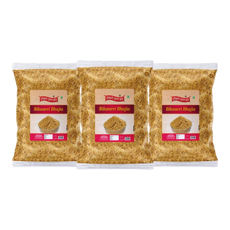 Image of OKHLI MUSAL BRAND Organic Bikaneri Bhujia Low Fat bikaneri bhujia sev Namkeen with Dew beans,gram flour and indian Spices | All time favourite indian snacks /Namkeen||Ready to eat Namken-1Kg*3Pack